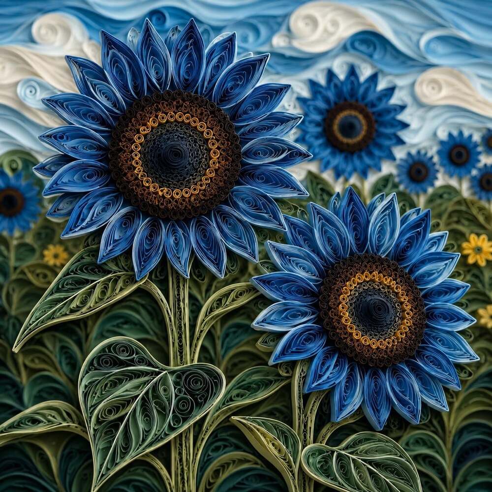 8 X 8 Framed Blue Quilled Sunflower F 1 C 4